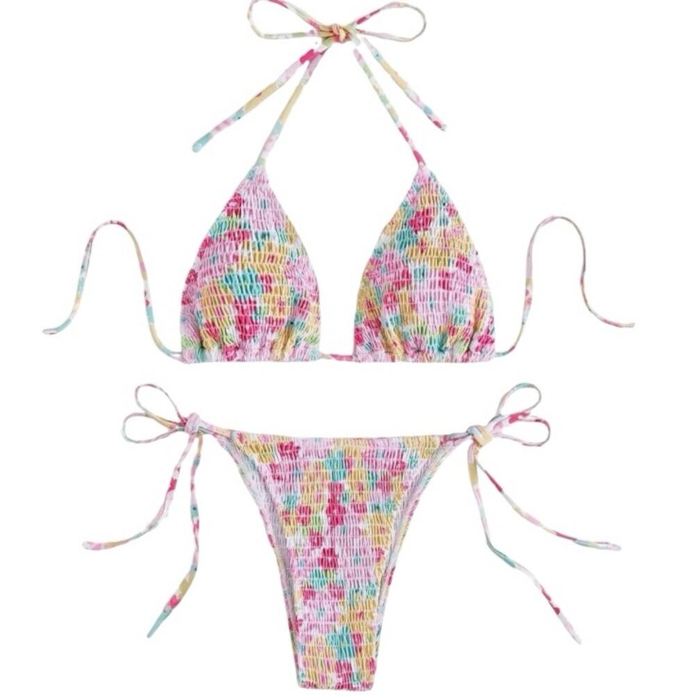 New COZYEASE Women's 2 Piece Floral Bikini Smocked Drawstring Triangle, Small